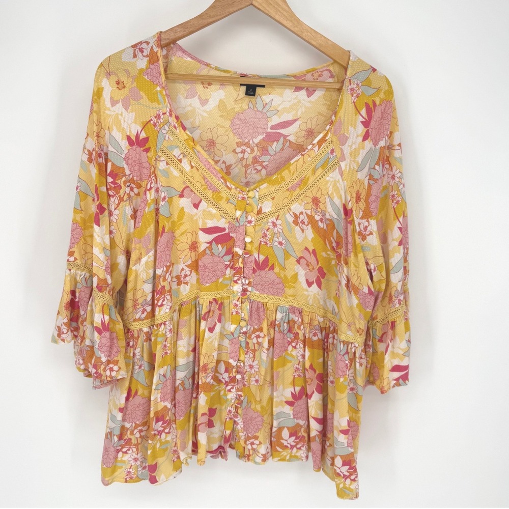 Torrid Butter Yellow Floral Babydoll Blouse Bell Sleeve Button Front Top 2